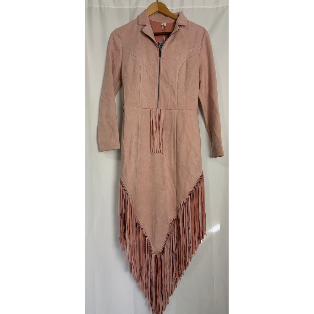 Oyrosy Pink Faux Suede Fringe Western Cowgirl Hem Midi Dress NWT Small Nashille